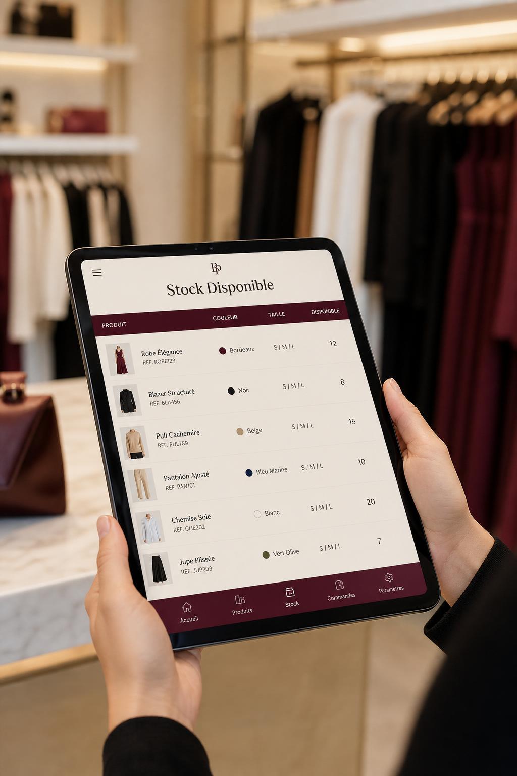 Vendeuse en boutique de prêt-à-porter utilisant une tablette pour le clienteling, interface Selekt